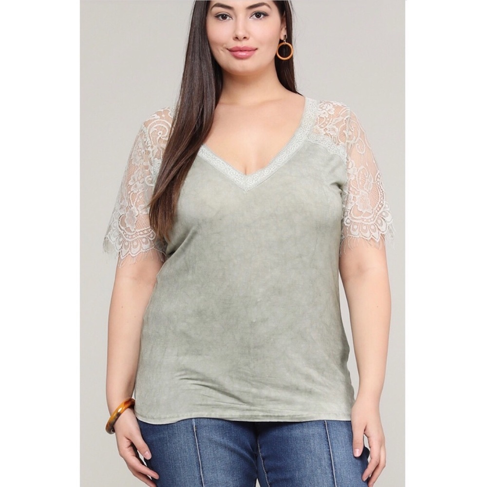 POL | Plus Size‎ Lace Tee Shirt - Sage 3XL $58